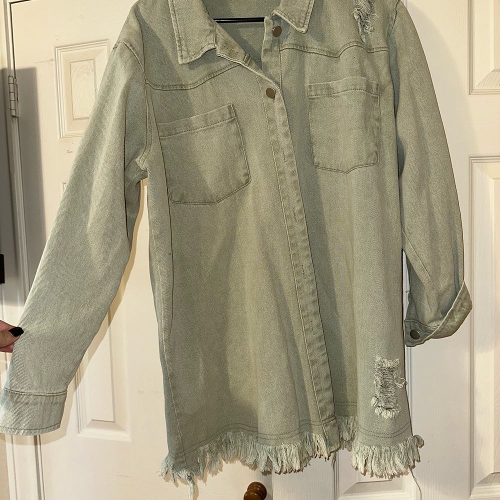 Women's Distressed Denim Jacket - Light Green